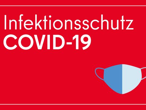 Infokachel mit dem Text Infektionsschutz Covid 19. Daneben ist eine Maske zu sehen.