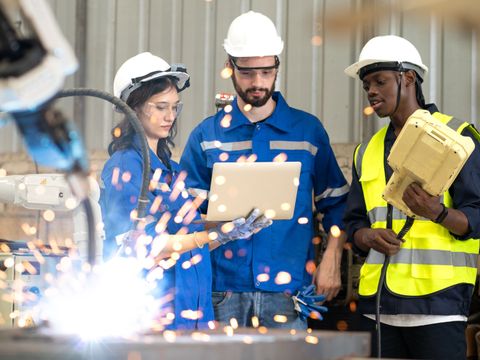 Drei Menschen in Sicherheitsbekleidung stehen vor einer Maschine die Funken sprüht und schauen auf ein Protokoll