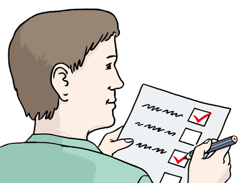 Illustration eines Mannes, der eine Checkliste durchgeht