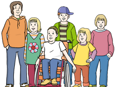 Illustration eines Kinds im Rollstuhl mit anderen Kindern