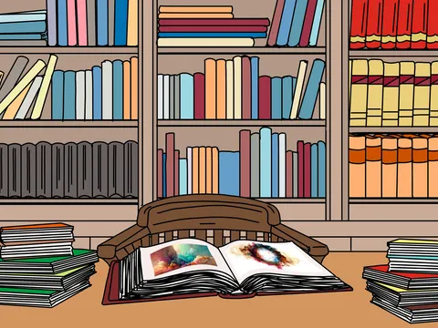 Zeichnung: aufgeschlagenes Buch in der Bücherei
