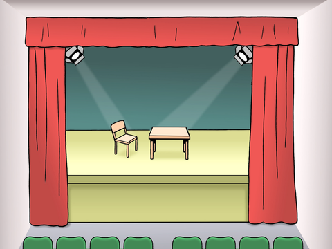 Zeichnung: Bühne und Zuschauer-Raum im Theater