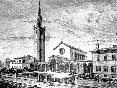 Gebäudegruppe von Stüler, dahinter Schinkel-Kirche; Stahlstich, Autor unbekannt