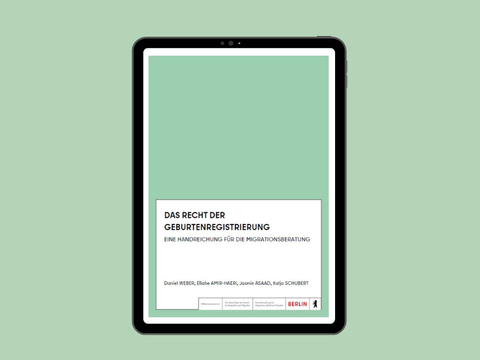Darstellung des digitalen Dokuments "Das Recht der Geburtenregistrierung" auf einem Tablet