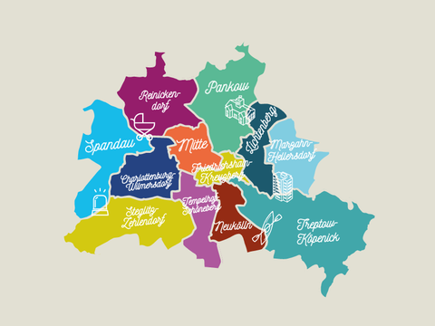 Stadtbezirke handbeschriftet mit Piktogrammen