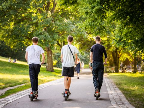 Drei Jungs fahren mit E-Scootern durch den Park