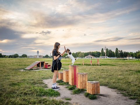 Frau mit Hund im Hundefreilauffläche auf dem Tempelhofer Feld