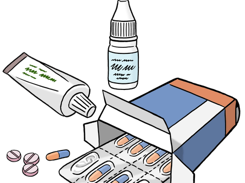Zeichnung von verschiedenen Medikamenten. Tabletten, Spray und eine Tube.