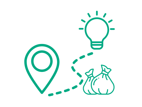 Icon von einem Ortspin mit einer Wegmarkierung zu einer Glühbirne. Auf dem Weg ist ein Icon von Müllsäcken