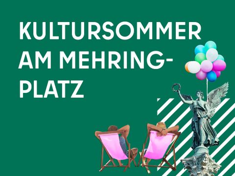 Bild des Mittendrin Projekts Kooperative südliche Friedrichstadt Kultursommer am Mehringplatz mit Statue, Luftballons und Liegestühlen