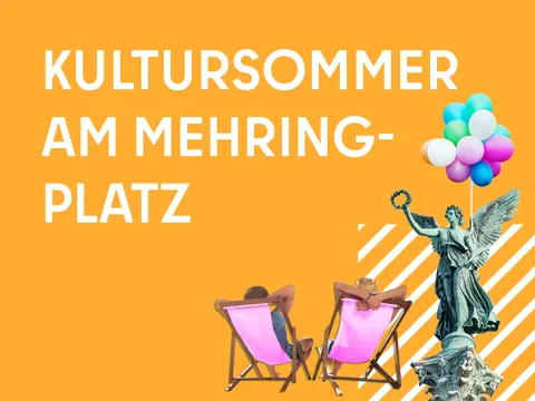 Bild des Mittendrin Gewinnerprojekts Kooperative südliche Friedrichstadt Kultursommer am Mehringplatz mit Statue, Luftballons und Liegestühlen