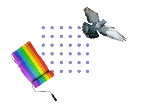 Collage einer Regenbogen-Malerrolle und einer Taube