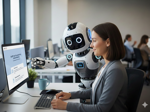 Frau mit Roboter vor PC