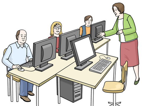 Zeichnung: Männer und Frauen in einem Computer-Kurs