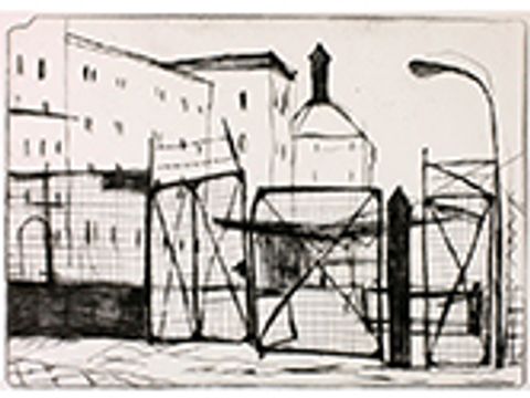 Ursula Strozynski: Tor, ehem. Mälzerei Pankow, Kaltnadelradierung, 32 x 46 cm, 1989 (Bild: Ursula Strozynski)