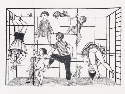 Klettergerüst am Kollwitzplatz 1958, Lithografie