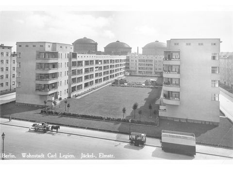 Postkarte der Wohnstadt Carl Legien, Jäckel-, Ecke Elmstraße, ca. 1930