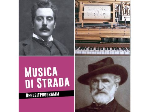 Collage: Elektrisches Pianola [Ausschnitt] um 1925, Puccini & Verdi, Musica di strada Signet