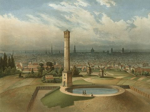 Steigrohrturm und Hochbehälter auf dem Windmühlenberg im Bezirk Prenzlauer Berg, um 1856