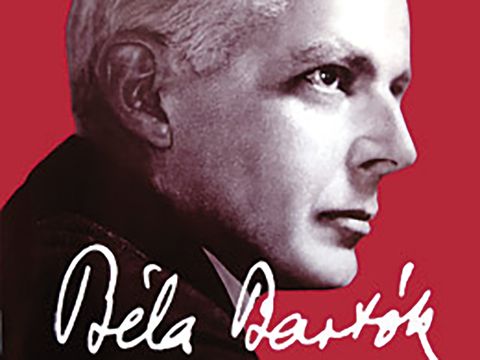 Béla Bartók mit rotem Hintergrund