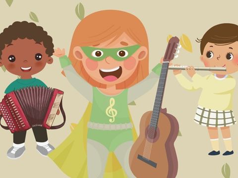 Zeichnung von 3 Kindern mit verschiedenen Instrumenten