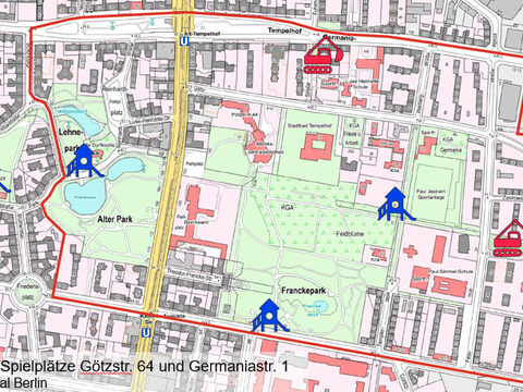 Karte des Fördergebiets Neue Mitte Tempelhof mit Spielplatzverortungen, Baggersymbol an Spielplätzen, die gesperrt sind, Spielplatzsymbol an zugänglichen Spielplätzen