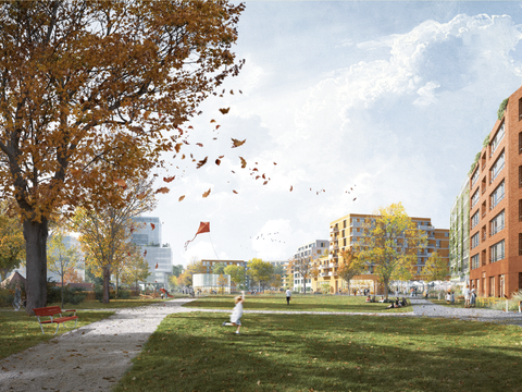 Perspektive des Siegerentwurfes: Blick über die große Wiese in den Park, rechts der Quartiersplatz mit dem Stadtbad (Bild: Teleinternetcafé Architektur und Urbanismus und Treibhaus Landschaftsarchitektur)