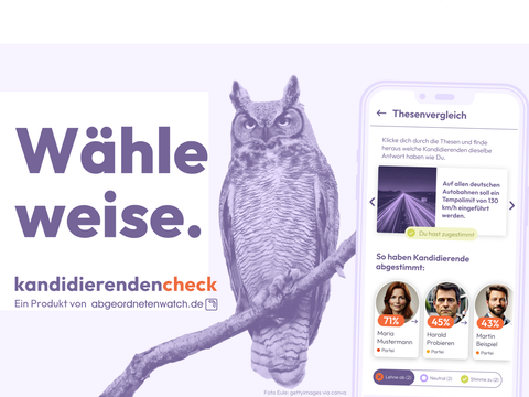 Aufruf "Wähle weise." mit Eule und Smartphone-Bildschirm mit geöffnetem kandidierendencheck