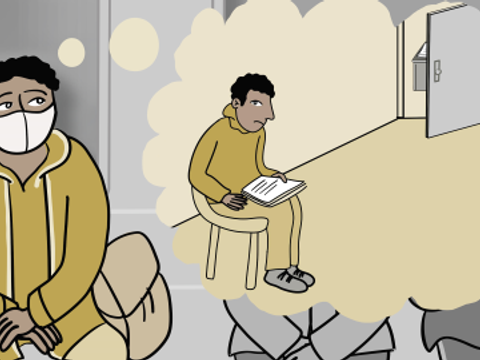 Szene aus einem Animationsfilm: Mann in U-Bahn erinnert sich an eine unangenehme Erfahrung in einer syrischen Behörde