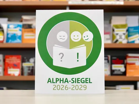 Logo "ALPHA-SIEGEL 2026–2029" vor Bücherregal