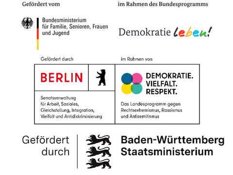 Förderlogos von: Bundesprogramm Demokratie leben!, Landesprogramm Demokratie. Vielfalt. Respekt, Staatsministerium Baden-Württemberg