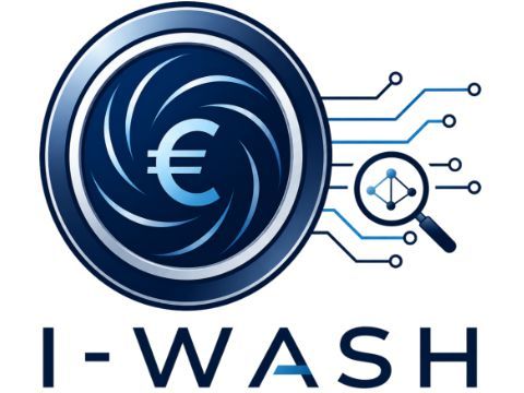 Logo I-Wash (Blauer Kreis mit Euro-Symbol, daneben eine Lupe und darunter Schriftzug)