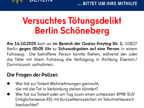 Zeugenaufruf nach Versuchtem Tötungsdelikt