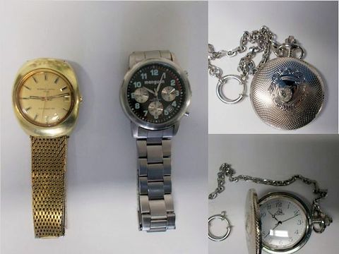 Goldene- und Edelstahlarmbanduhr und eine silberne Taschenuhr (offen und geschlossen)
