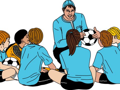 Zeichnung: Fussball-Trainer mit Mannschaft