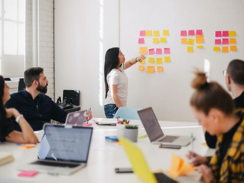 Meeting eines Startups an einem großen Tisch. Eine Person spricht und erklärt den anderen Personen Inhalte an einem Whiteboard.