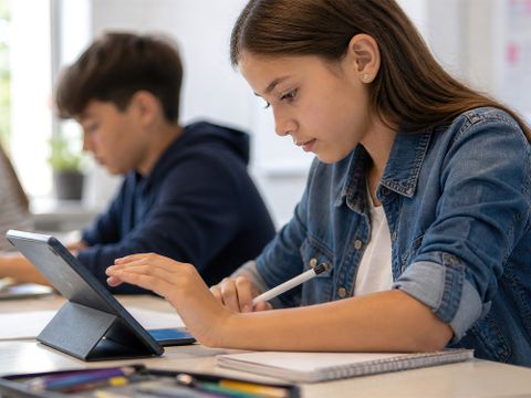 Schülerin und Schüler arbeiten im Klassenzimmer an digitalen Endgeräten - Bild mit Hilfe von KI entstanden