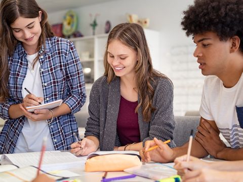 Schülerinnen und Schülern befassen sich in Gruppenarbeit mit einer Aufgabe