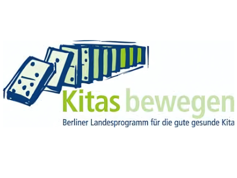 aufgereihte Dominosteine - Logo des Landesprogramms "Kitas bewegen - für die gute gesunde Kita"