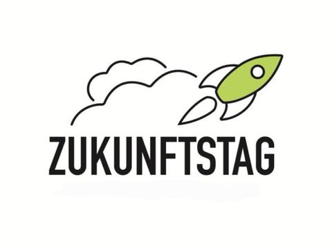 Logo Zukunftstag: Schriftzug und Rakete in Wolken