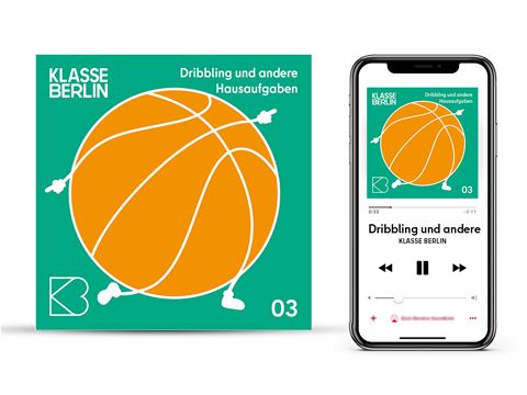 Dribbling und andere Hausaufgaben: Die Eliteschulen des Sports. Mockup des Podcasts auf einem Handy. Symbolisiert wird die Folge mit einem Basketball