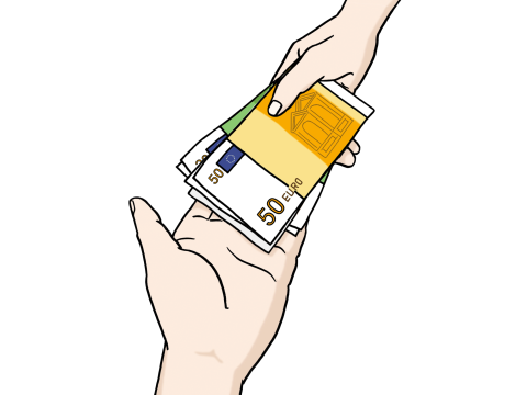 Eine aufgehaltene Hand erhält mehrere Geldscheine von einer anderen Hand