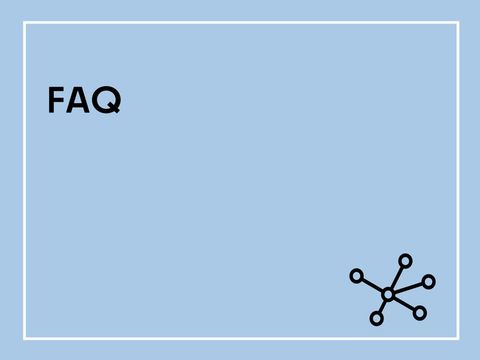 Hellblaues Bild mit schwarzem Text und weißen Rahmen: 'FAQ'. Unten rechts ein Icon.