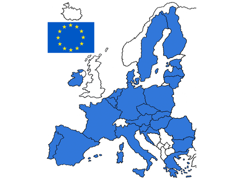 Die Zeichnung zeigt eine blau gefärbte Karte von Europa. Die Länder der Europäischen Union sind blau hinterlegt.