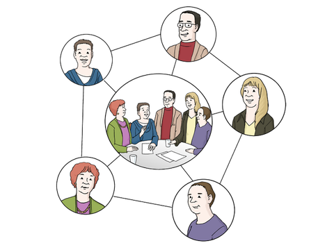 Die Zeichnung zeigt eine Gruppe von Menschen, umringt von Portraits. Die Menschen sind mit Linien verbunden.