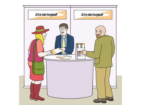 Die Fotografie zeigt zwei Menschen, die sich Informationen an einem Infostand geben lassen.
