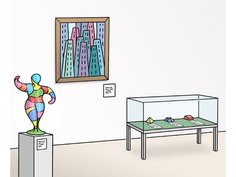 Die Zeichnung zeigt einen Raum, in dem Kunst ausgestellt ist.