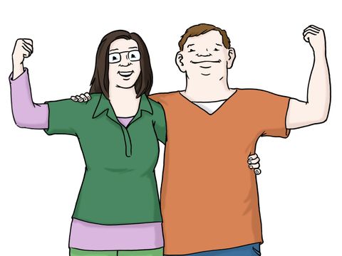 Die Grafik zeigt eine Person mit Behinderung und eine weitere Person. Beide heben einen Arm.