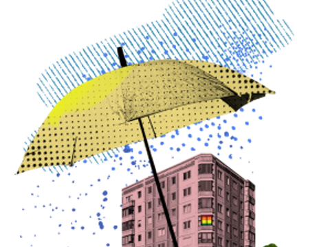 Die Illustration zeigt ein mehrstöckiges Hochhaus in Altrosa. Das Hochhaus steht auf einer ovalen grünen Fläche. Rechts daneben steht ein Baum. In einem Fenster weiter oben und rechts außen hängt eine Regenbogenfahne. Über dem Hochhaus ist ein großer gelber Regenschirm mit schwarzen Punkten aufgespannt, der das Hochhaus vor von oben herabfallenden blauen Regentropfen schützt.