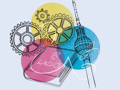 Coverillustration des Diversity-Landesprogramm 2.0 (Zahnräder, Fernsehturm und LADG mit überlappenden Farbkreisen)